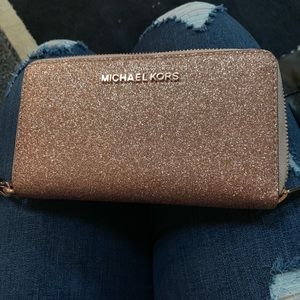 Michael Kors rose gold glitter wristlet wallet